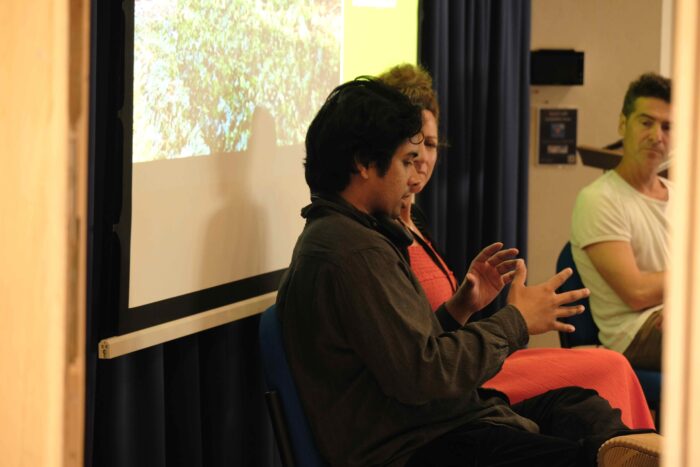 Siam Rahman (left), Lisa Dery (centre) and Marcus Tomalin (right) talking to students at the You'll Fit In residential.