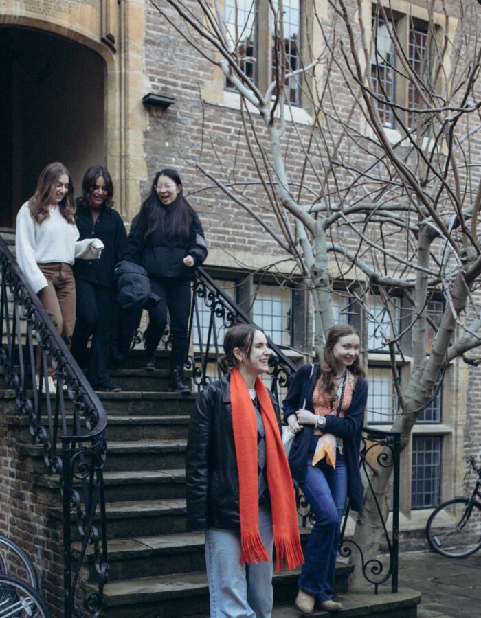 Five smiley students, two at the forefront being followed by the other three, talking to each other and coming down the stairs in North Court.